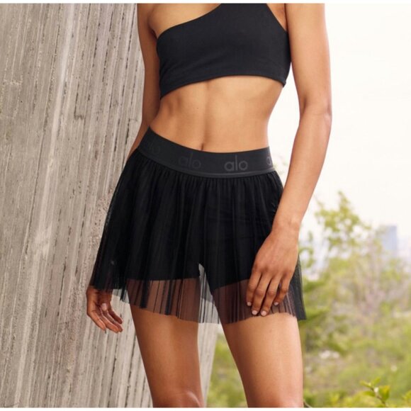 ALO Yoga Pants - Alo Mesh Flirty Tennis Skirt Black Sheer Transparent See-Through A-Line Skort